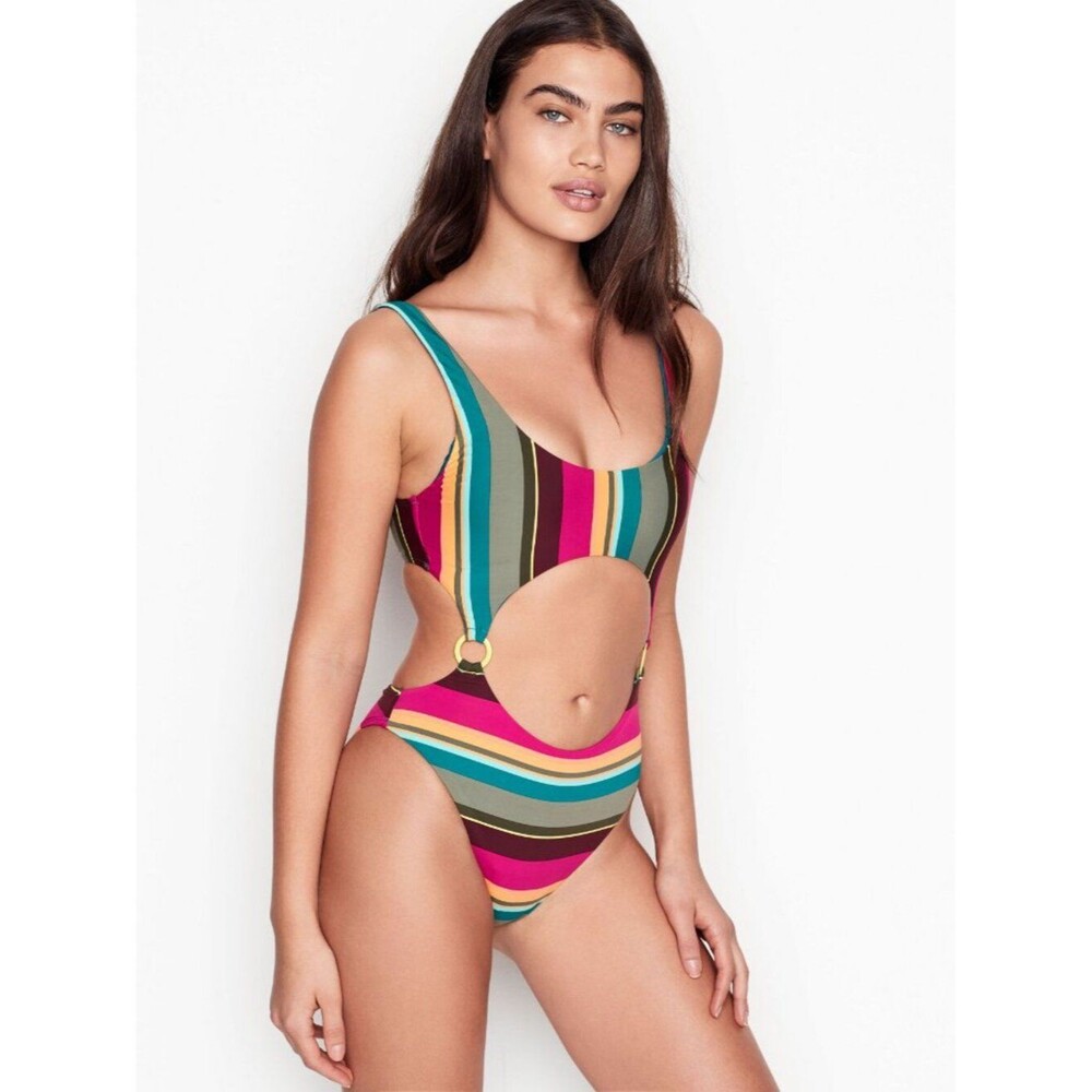 NEW BCBGeneration Colorful Striped Monokini One-Piece Swimsuit Cutout Size Small